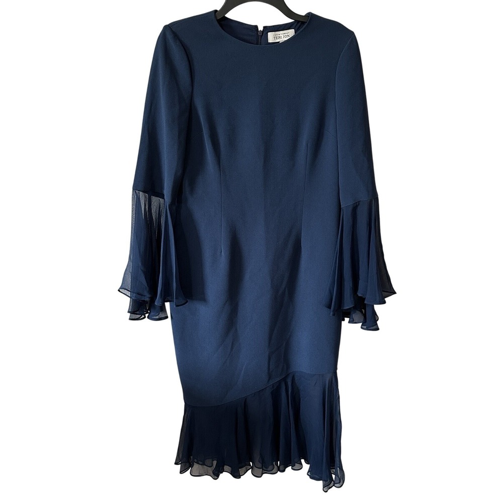 Teri Jon Rickie Freeman Sheath Midi Dress‎ Size 8 Blue Ruffle Bell Sleeve